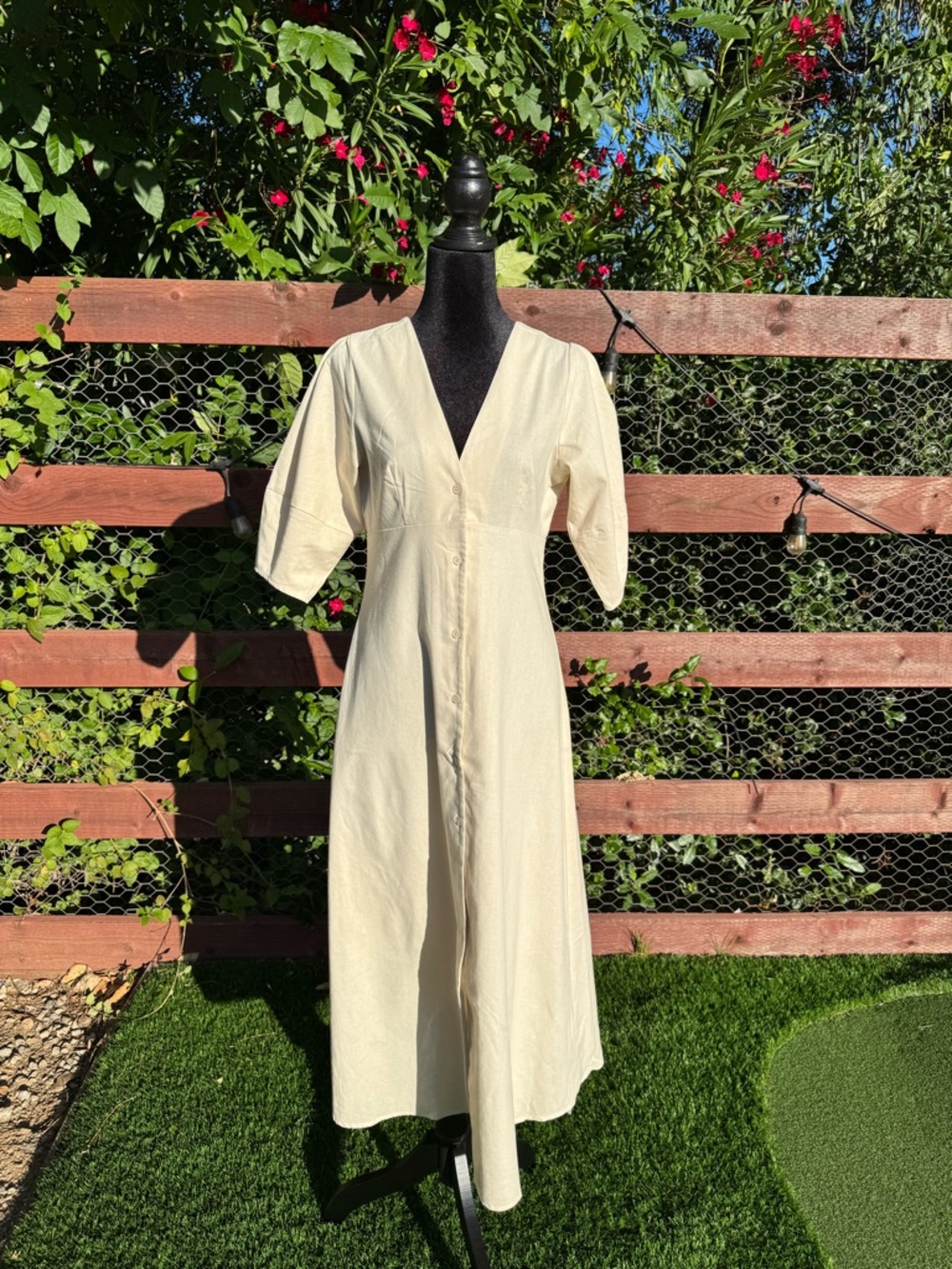 Commense Cream Button-Front V-Neck Midi Dress